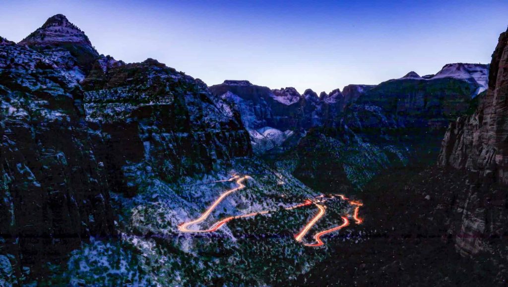 Highway 9 at night in Zion National Park