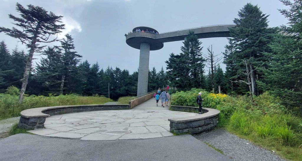 Clingmans Dome Observation Tower at sunrise with sweeping Smokies panorama