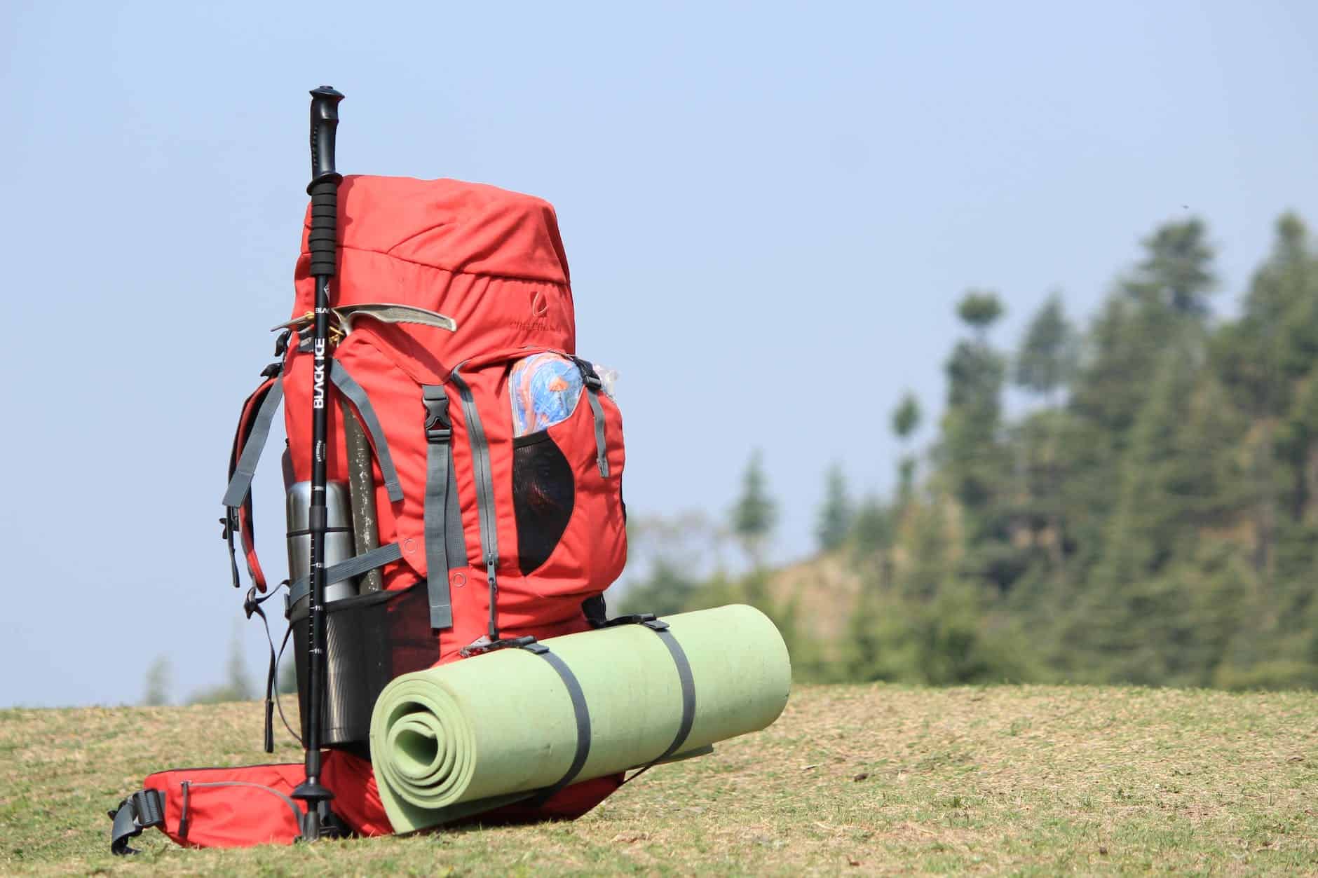 selective focus photo of red hiking backpack on green grass