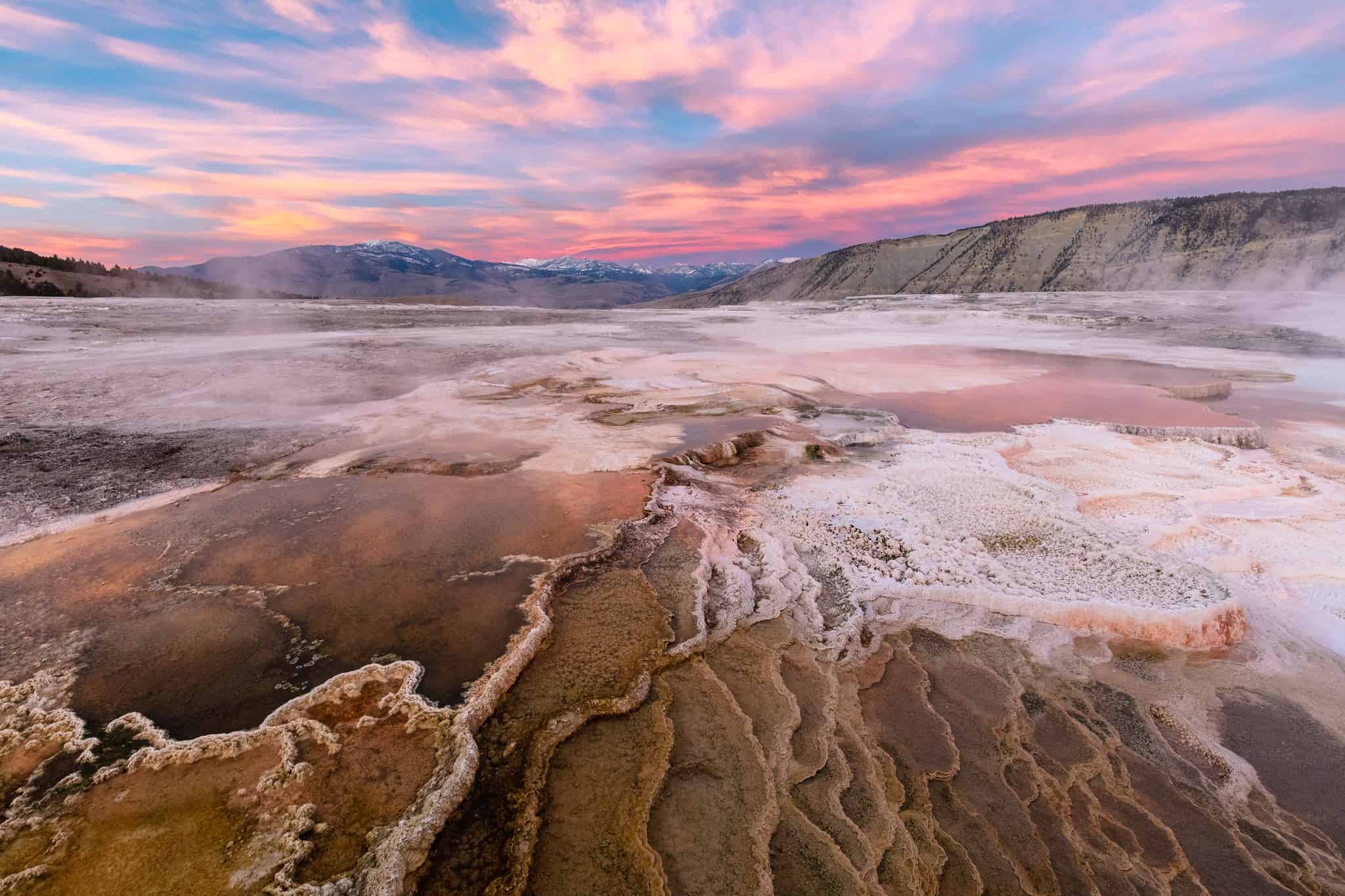 Canary Springs terraces at sunset in Yellowstone