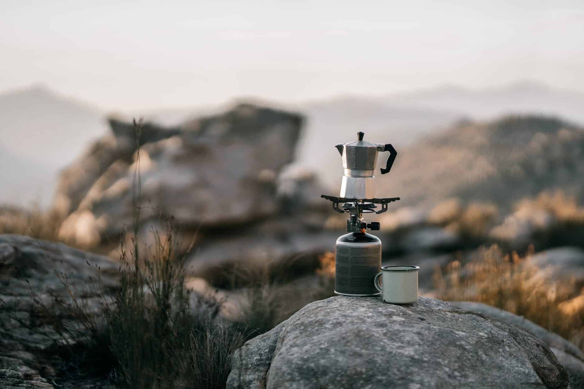 coffee brewing on a camping stove
