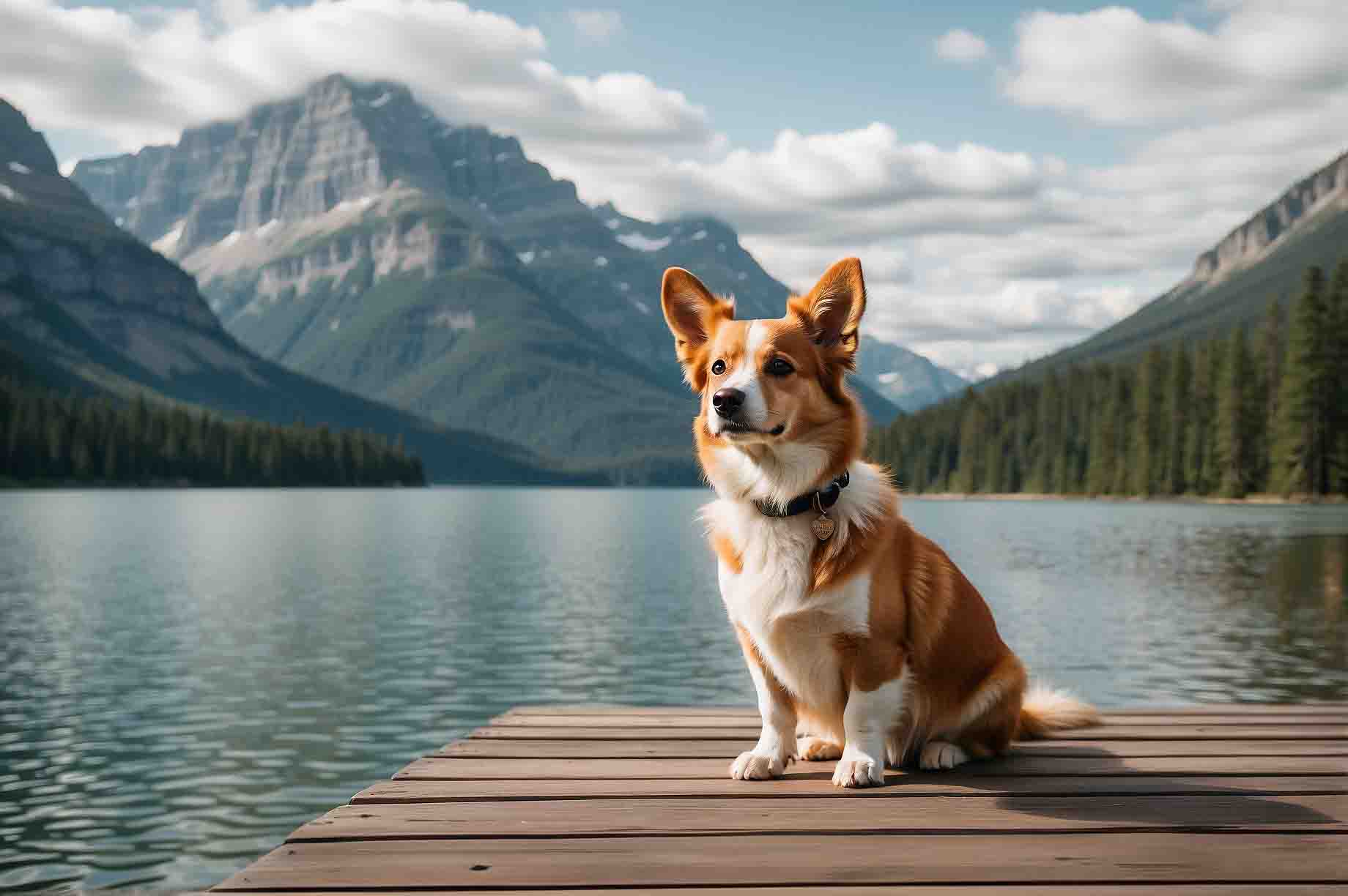 Corgi dog sitting on the dock at Lake McDonald in Glacier National Park