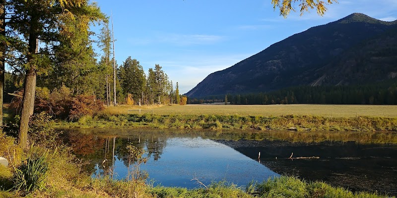 Lake Blaine at Glacier National Park reflects the timbered shoreline and dramatic alpine mountains in the distance.