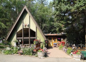 A green A-frame office building with flower boxes and a wooden sign at the campground entrance in Glacier National Park, surrounded by trees.