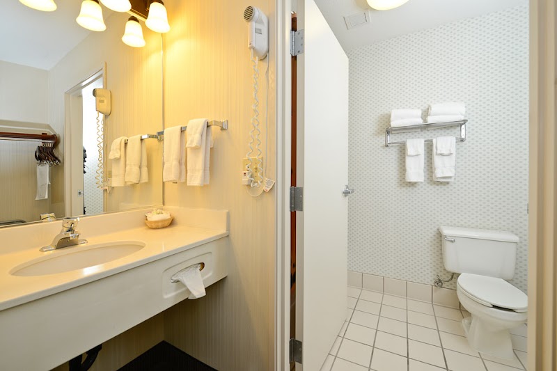Bright hotel bathroom with beige vanity, sink, mirror, hair dryer, towel racks, and a white toilet in a tiled Yellowstone National Park setting.