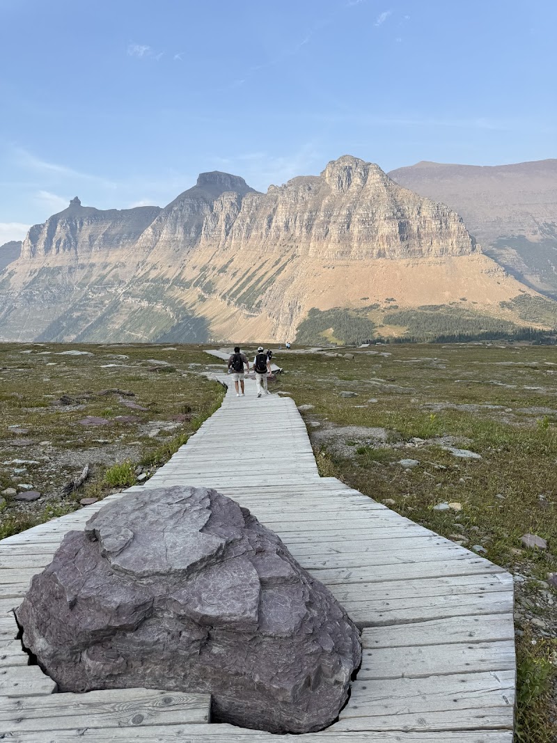 Wooden boardwalk winds through a grassy alpine meadow toward rugged glacier peaks, with a large foreground boulder and hikers nearby in Glacier National Park.