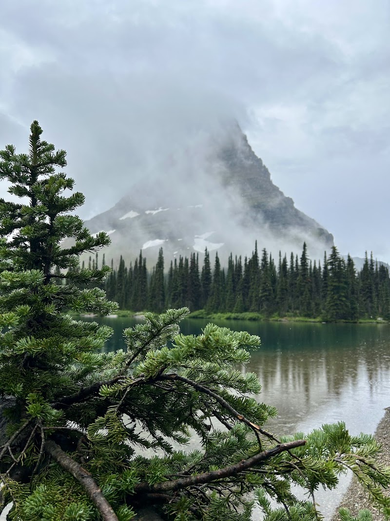 Mist-shrouded peak rises over a glassy glacier lake, framed by dense evergreen forest and a rocky shoreline in Glacier National Park.