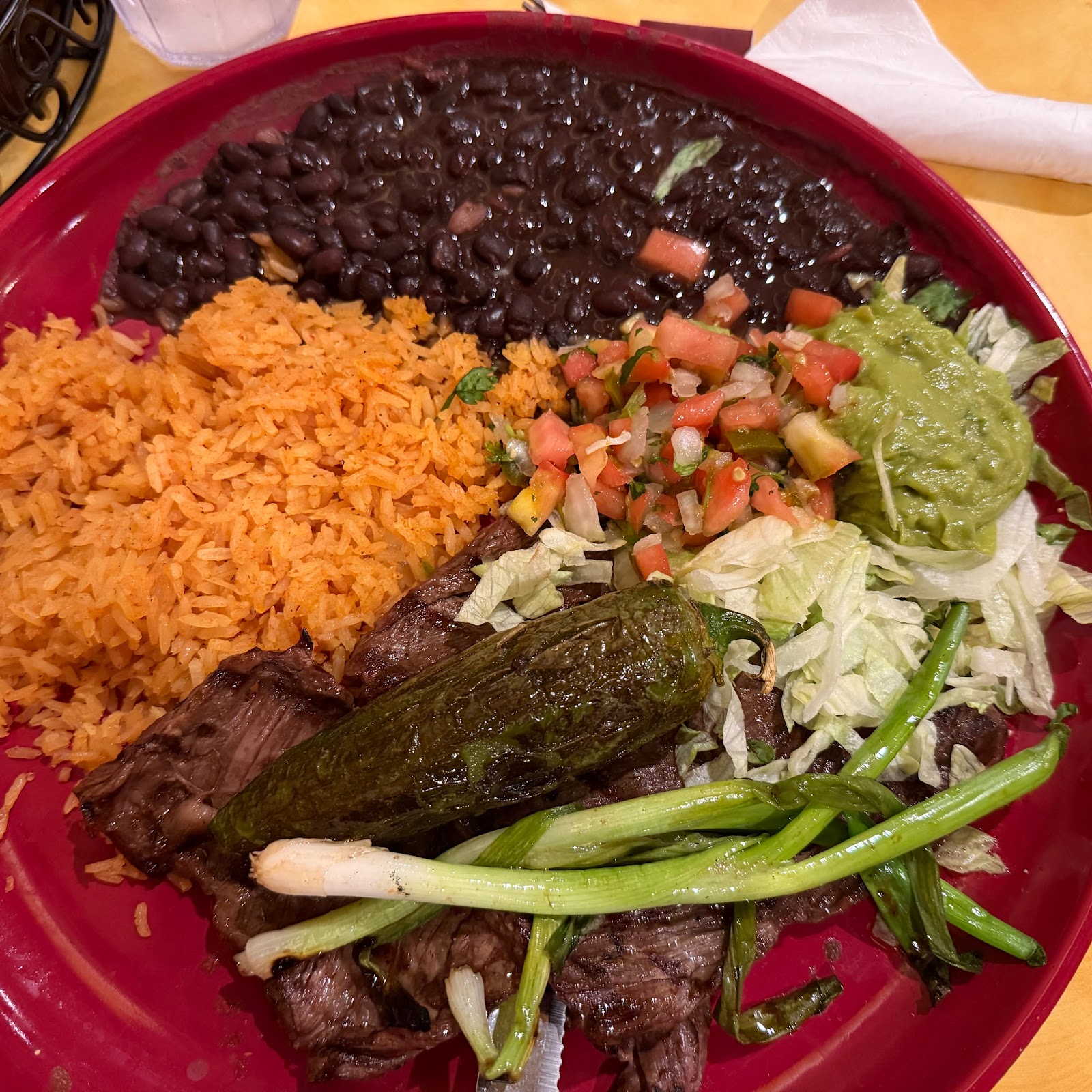 Beef fajita plate with rice, beans, salsa and guacamole served with fresh greens in Glacier National Park dining.