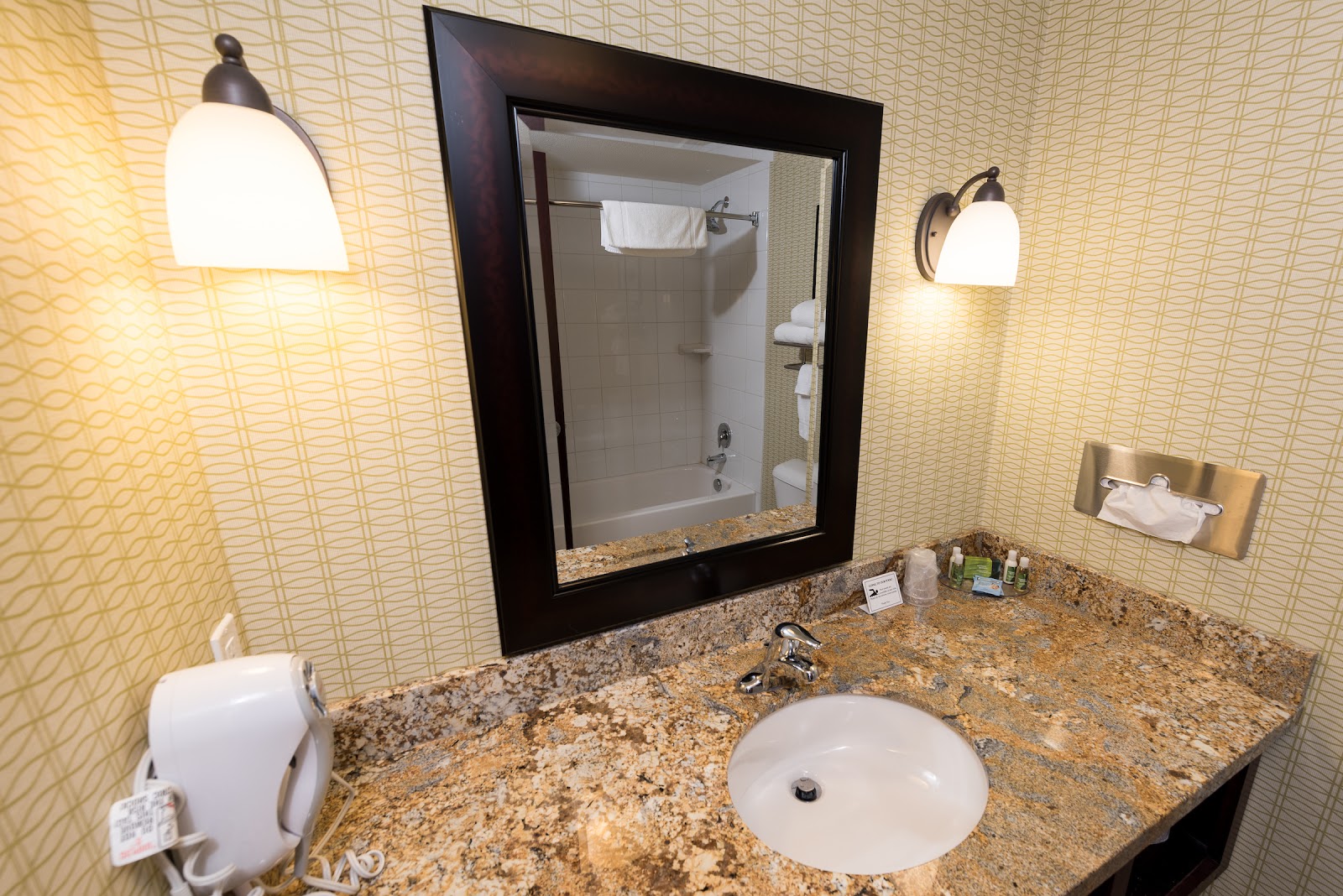 Glacier National Park hotel bathroom with granite countertop, white sink, dark framed mirror and tub/shower seen in reflection.