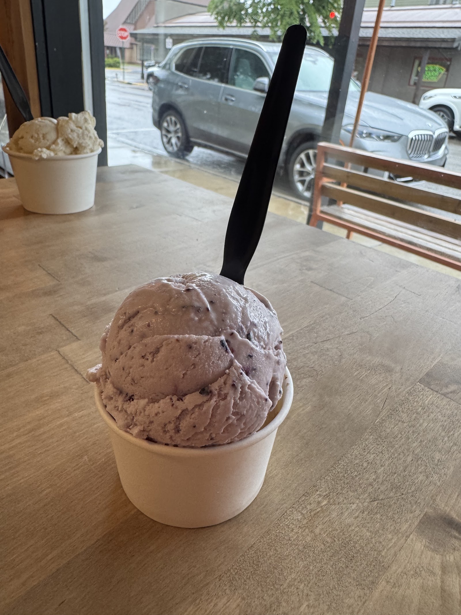 Lavender ice cream scoop in a paper cup with a black spoon, inside a shop near Whitefish in Glacier National Park.