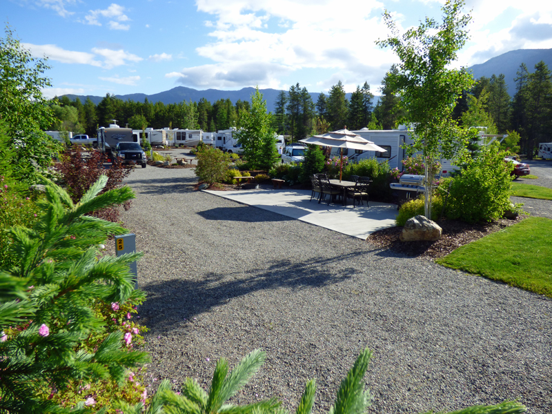 RVs and campground sites line a gravel road with a shaded picnic area, pines, and distant mountains in Glacier National Park.