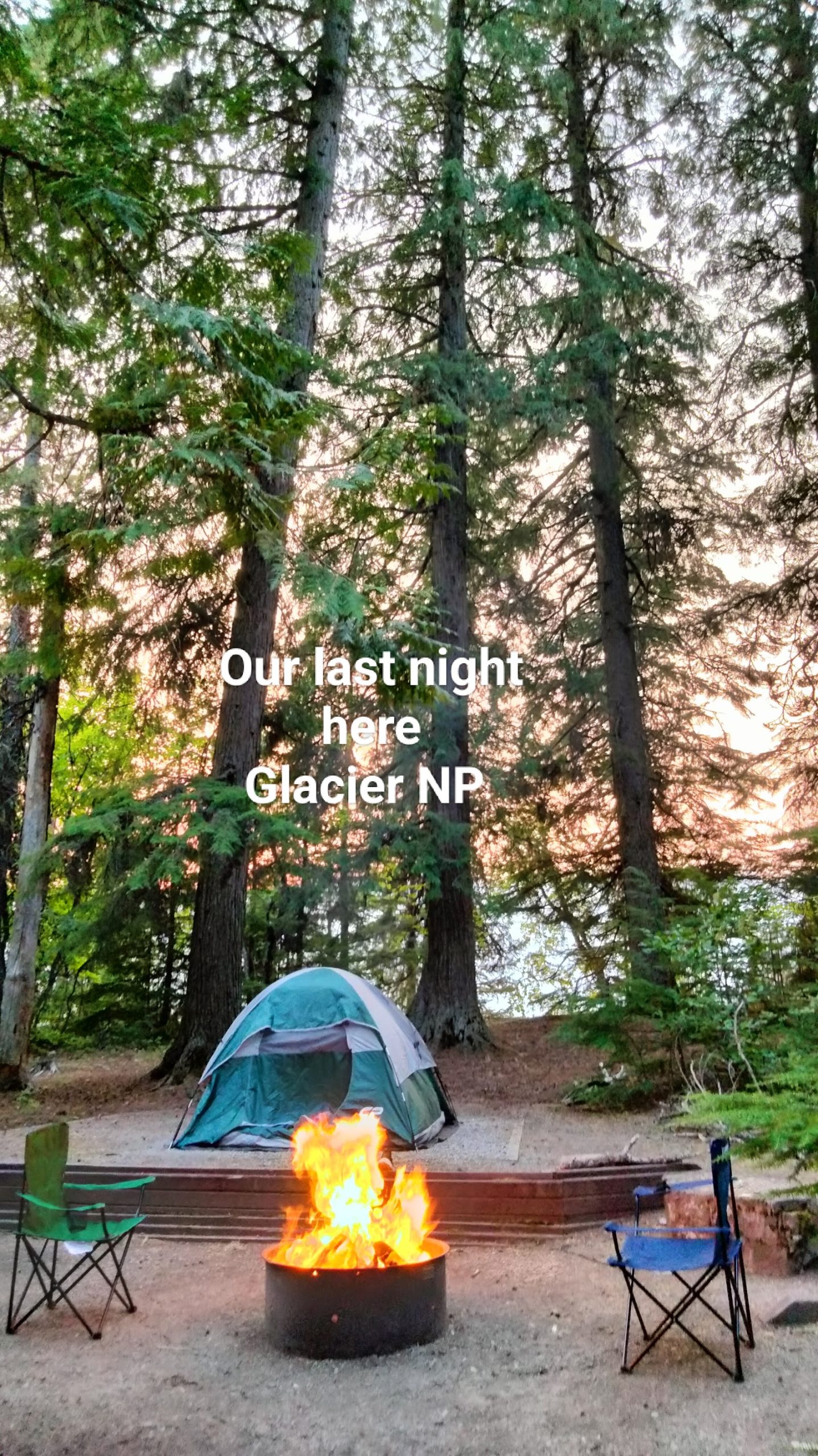 Tall pines frame a campsite with a teal-gray tent, bright campfire in a ring, and two camping chairs at Glacier National Park.
