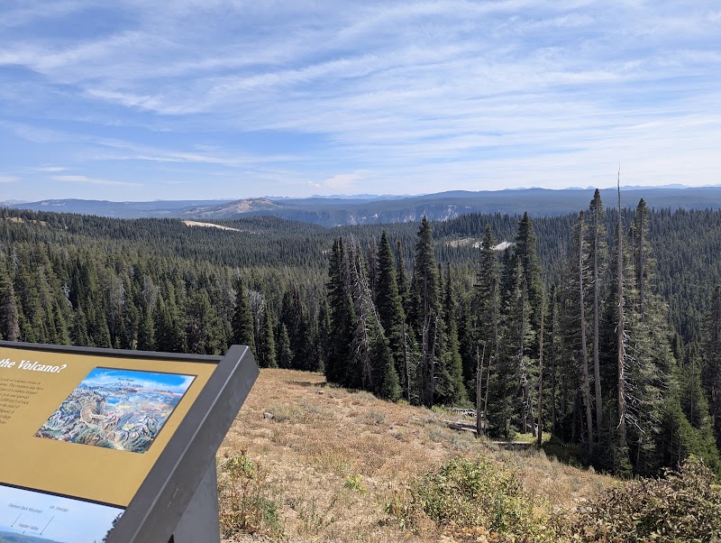 Overlook sign in foreground, dense pine forest and distant layered hills under blue sky at Yellowstone National Park.