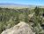 Washburn Hot Springs Overlook sits above a rocky ledge with dense evergreen forest and distant mountain ranges in Yellowstone National Park.