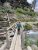 Baring Falls wooden bridge crosses a rushing glacier-fed stream beneath rugged cliffs and lush shrubs in Glacier National Park.