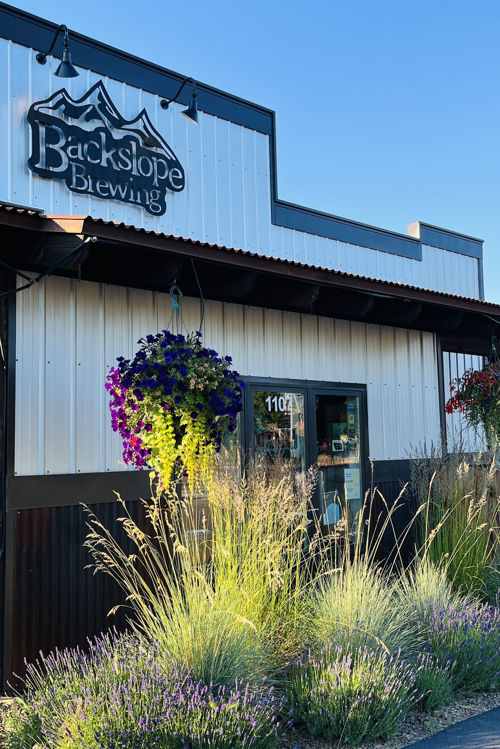 Exterior of a modern metal brewery building in Glacier National Park, with hanging flower baskets and tall grasses.