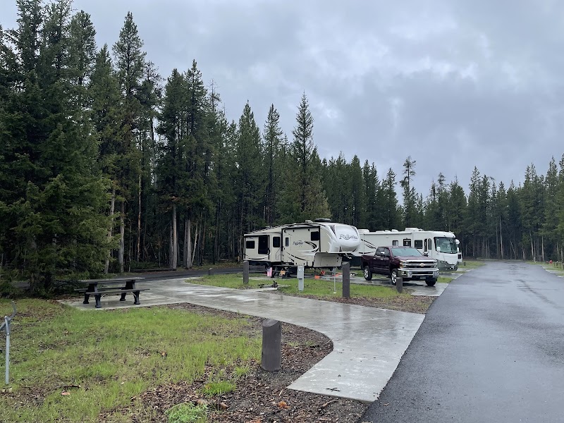 RVs and a pickup parked beside a pine forest at a Yellowstone National Park campground, with a wet road and picnic table.