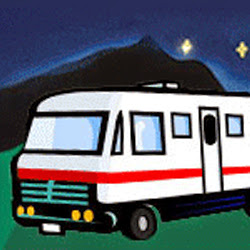 A camper trailer at a Glacier National Park campground under a starry night sky, with a distant dark mountain silhouette.