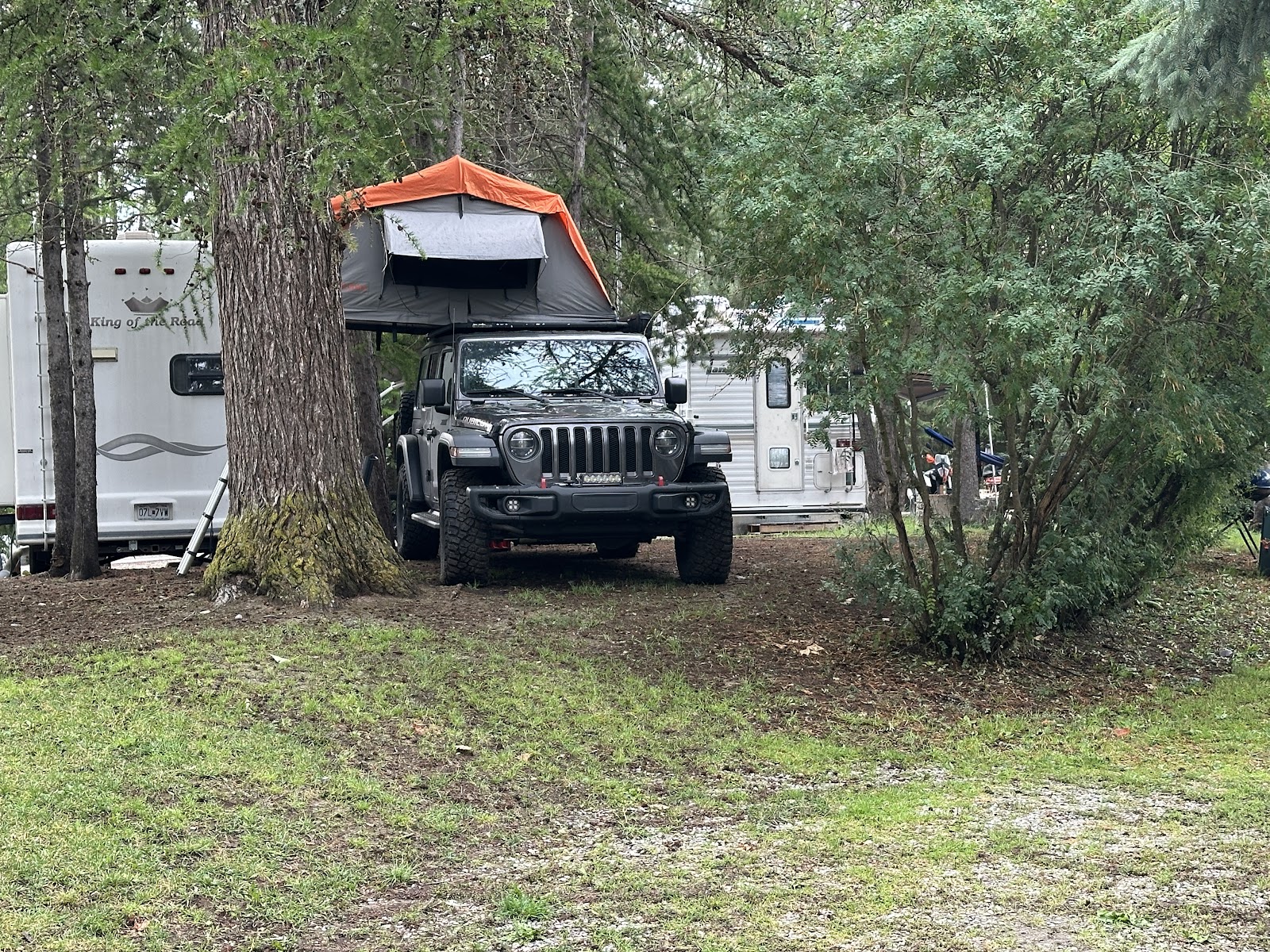 Campground scene in Glacier National Park with a Jeep and rooftop tent under pine trees, surrounded by RVs and greenery.