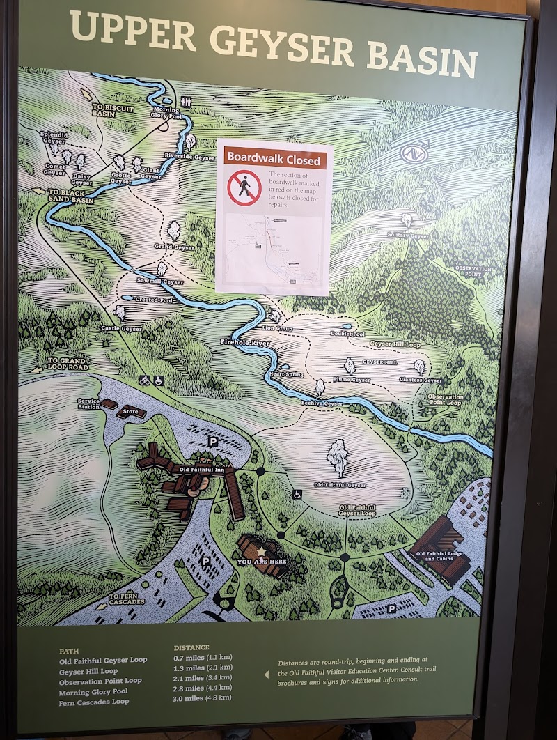 Illustrated map panel for Upper Geyser Basin in Yellowstone National Park, detailing trails, geysers, lodges, and a boardwalk closure notice.