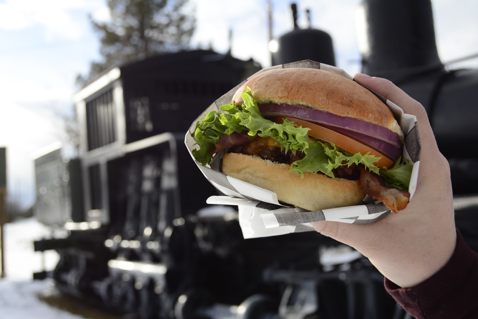 Hamburger with lettuce, tomato, and red onion held in front of a train at Columbia Falls in Glacier National Park.