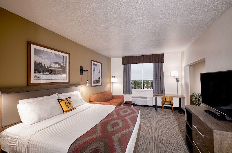 Spacious Yellowstone National Park hotel room with a king bed, brown accent wall, mountain art, orange sofa, and desk.