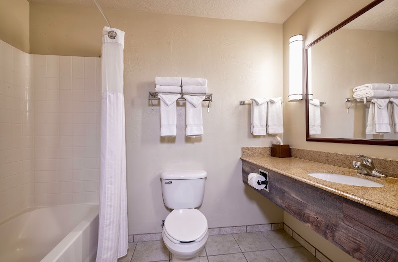 Bright hotel bathroom in Yellowstone National Park with tub, white shower curtain, toilet, granite counter, mirror, and folded towels.