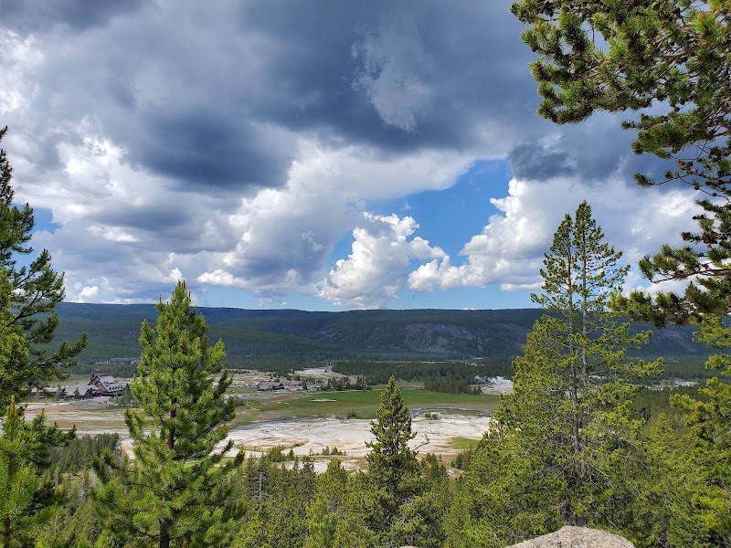 Pine trees frame a valley with barren flats and distant buildings under dramatic clouds in Yellowstone National Park.