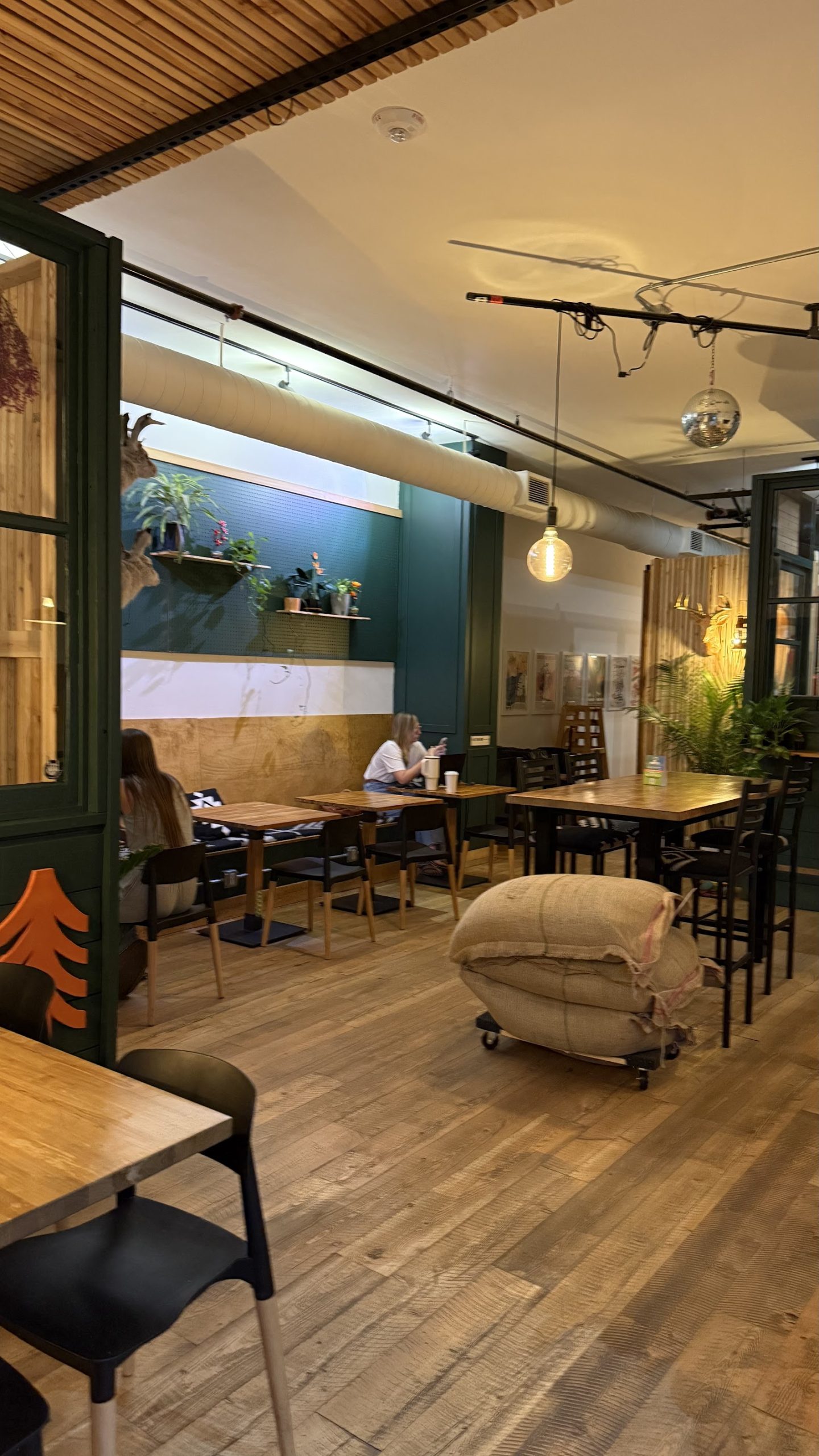Cozy cafe interior inside Glacier National Park with wooden tables, warm lighting, and potted plants.
