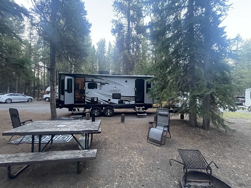 Large travel trailer parked among pines at a campground in Yellowstone National Park, with a weathered picnic table and chairs.