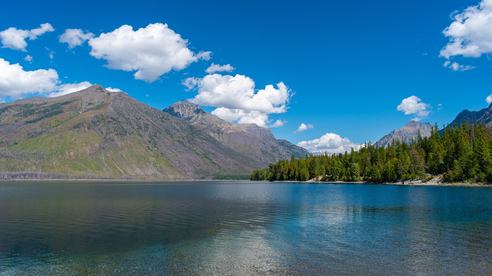 Lake McDonald at Glacier National Park, a deep blue alpine lake mirrored by forested mountains under a bright sum