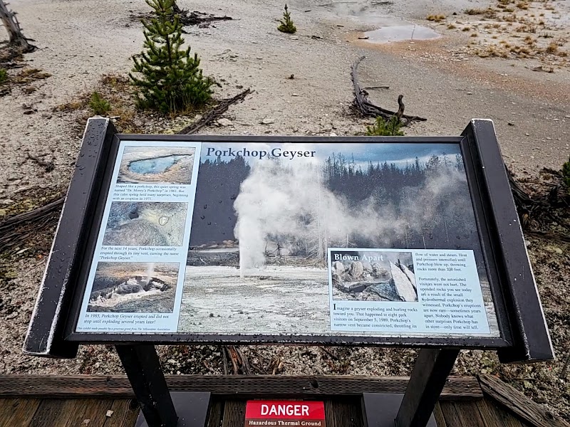 Informational sign for Porkchop Geyser in Yellowstone National Park, with steam rising from a geyser beside a forested boardwalk.