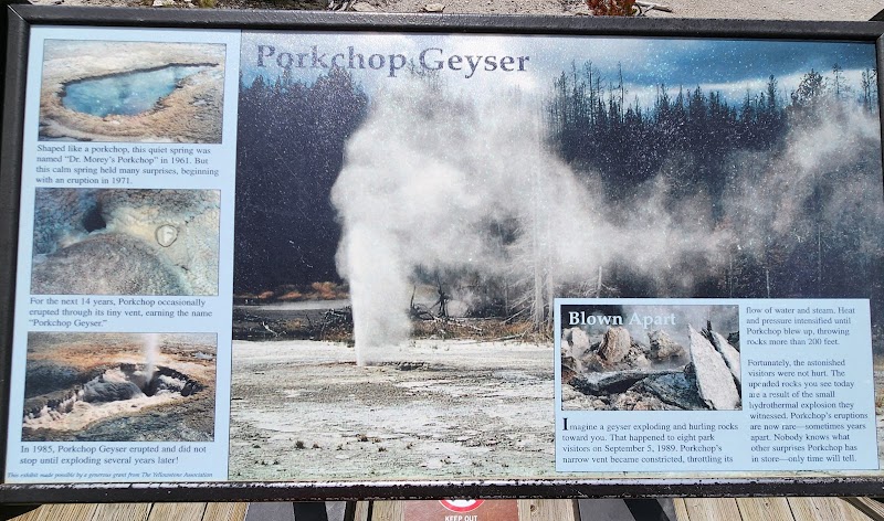 Signboard at Porkchop Geyser in Yellowstone National Park shows a large steam plume erupting from a barren area with a forest behind.