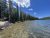 Clear lake with a rocky shore, tall evergreen trees along the bank, and wooden stairs on the left in Yellowstone National Park.
