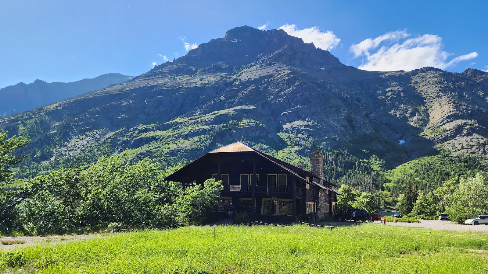 Two Medicine Picnic Area lodge in Glacier National Park sits beneath rugged alpine peaks.