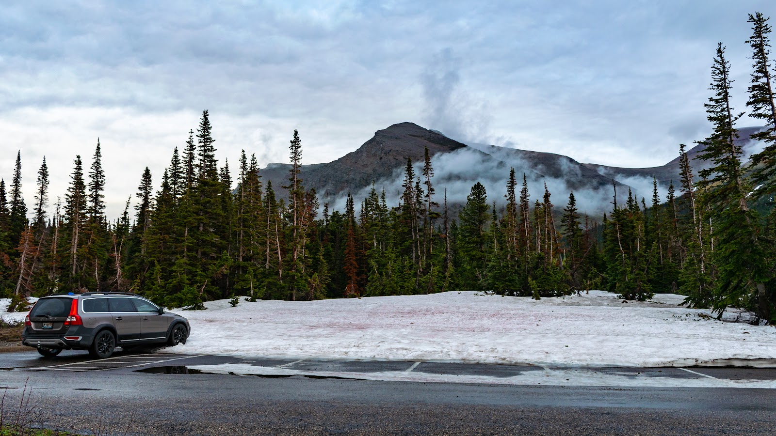 Two Medicine Picnic Area in Glacier National Park under a cloudy sky with evergreen trees and a snow-dusted landscape.