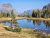 Alpine meadow at Hidden Lake Trailhead in Glacier National Park with a calm pond, rocks, evergreens, and distant mountains.