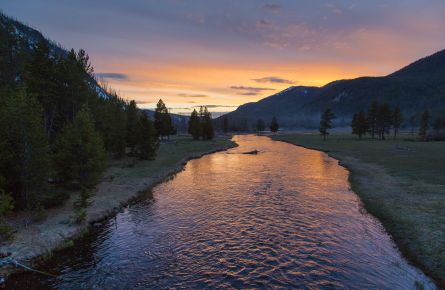 Sunset over a winding river at a Yellowstone National Park campground, with pines, grassy banks, and distant mountains.