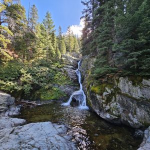 Aster Falls cascades through a rocky gorge in Glacier National Park, framed by evergreen trees and a bright blue sky above.