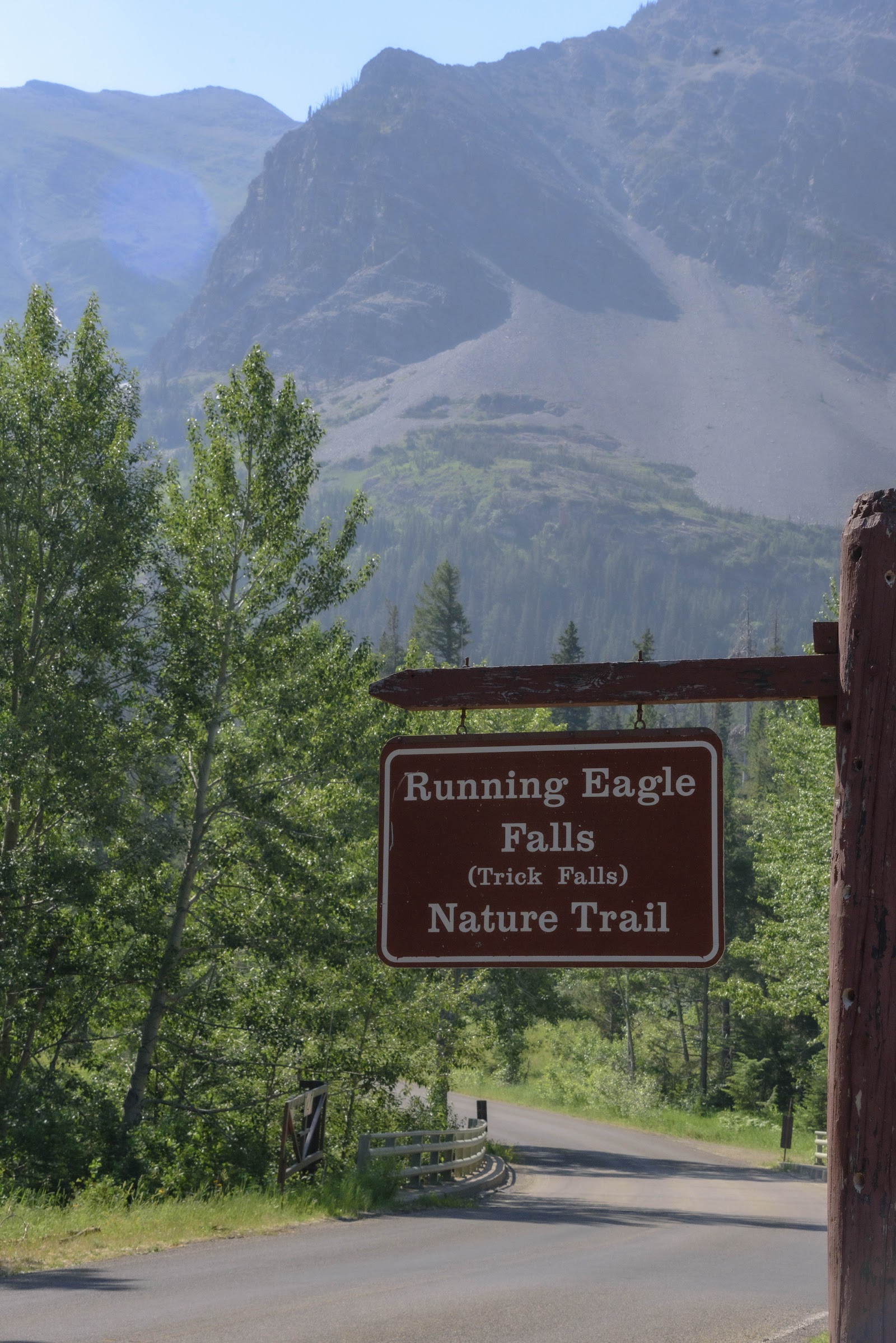 Running Eagle Falls Nature Trail winds through trees toward a dramatic double waterfall in Glacier National Park.
