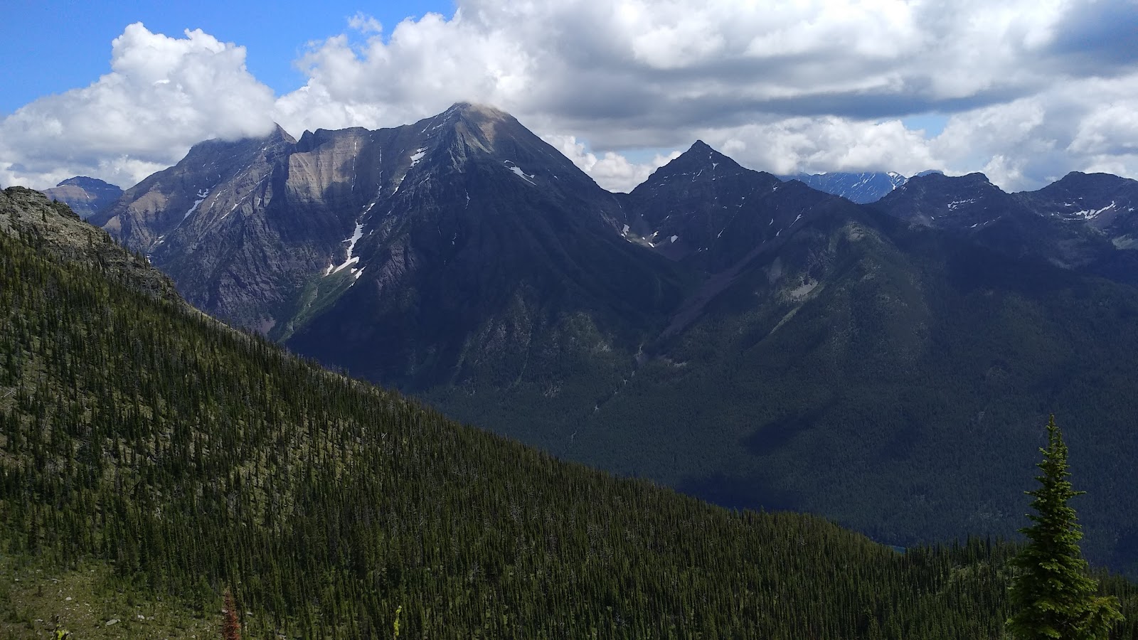 Rainbow Peak towers above a dense evergreen valley in Glacier National Park, under a partly cloudy blue sky.