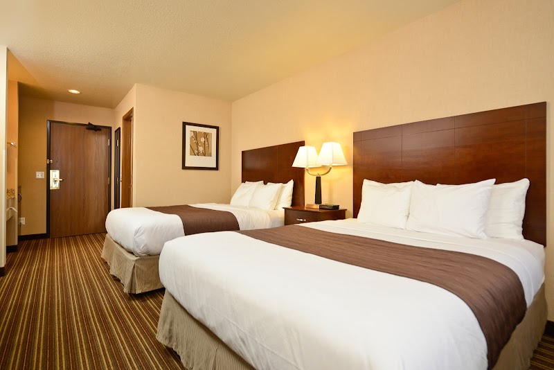 Two queen beds with white bedding and brown runners, nightstand lamp, framed art, and striped carpet in a Yellowstone National Park hotel room.