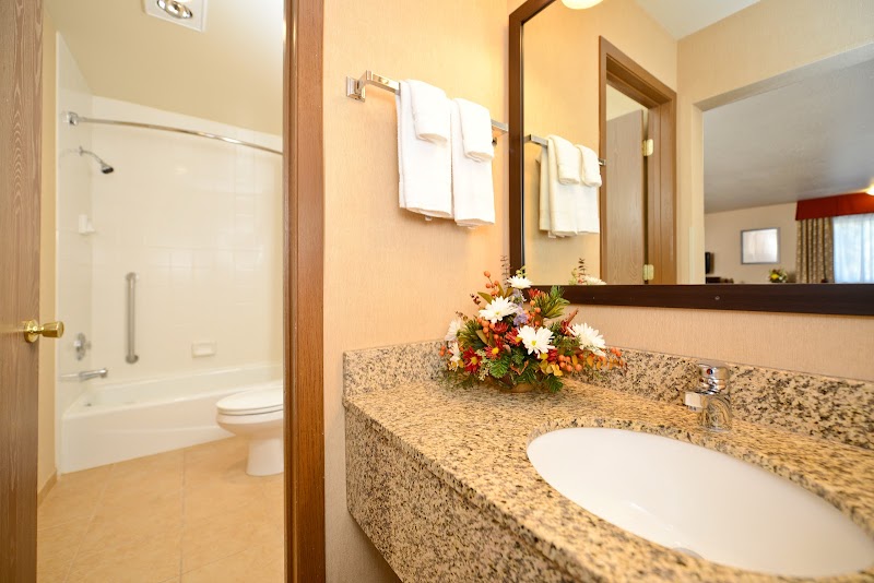 Bathroom vanity with granite countertop, sink, towels, and a bouquet, plus a shower/tub in a Yellowstone National Park lodge.