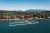 Whitefish Lake shoreline with resort buildings and a marina, Glacier National Park.