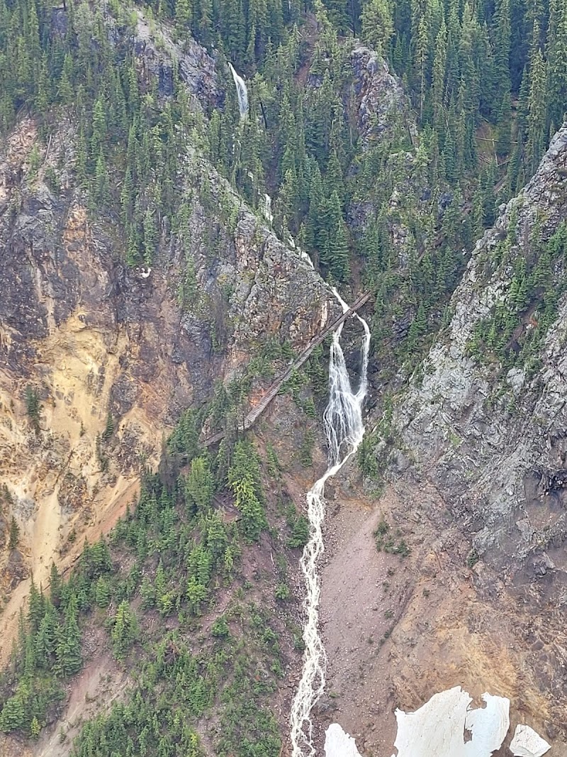 Evergreen forested canyon with a narrow waterfall beside a boardwalk at Inspiration Point, Yellowstone National Park.