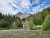 Running Eagle Falls cascades beside a forested valley with snow-capped peaks in Glacier National Park.