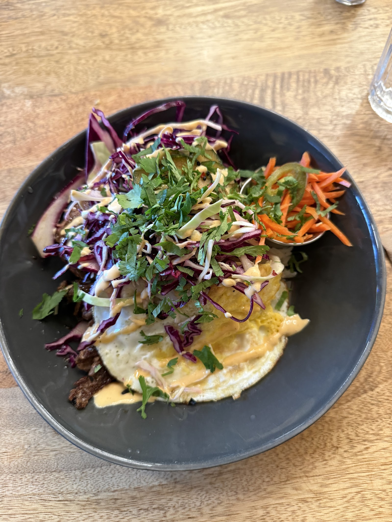 Colorful plated dish with shredded red cabbage, cilantro, and creamy drizzle at Glacier National Park.