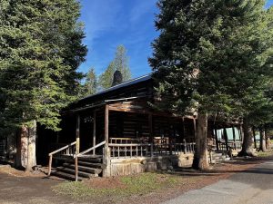 Rustic lodge exterior with wooden siding and pine trees framing the entrance
