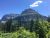 Florence Falls viewpoint in Glacier National Park, with lush conifer forest and rugged mountains framing the scene.