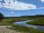 Yellowstone National Park meadow with a winding stream, green grasses, distant pine forest and blue sky.